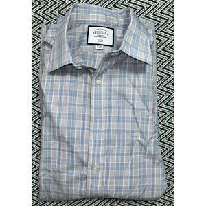 Charles Tyrwhitt Slim Fit Dress Shirt Blue/Gray Plaid Men's Size 16.5/35 Long Sl